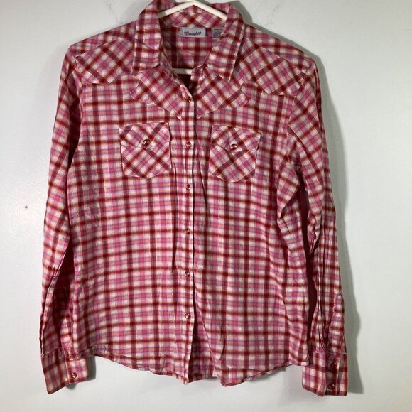 Wrangler Tops - Womens Vintage Long Sleeve Western Pearl Snap Shirt M Pink Orange White